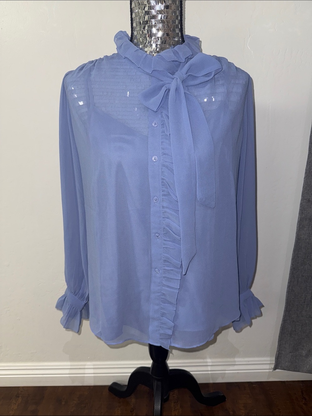 White House Black Market Periwinkle Tie-Neck Ruffle Blouse